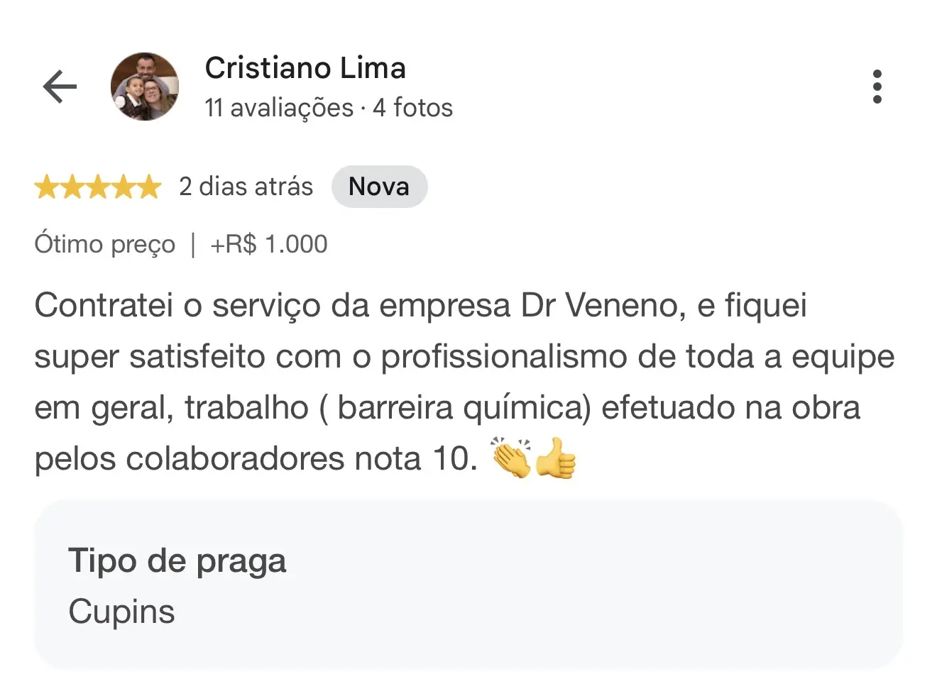 Avaliação de cinco estrelas publicada por Cristiano Lima no Google