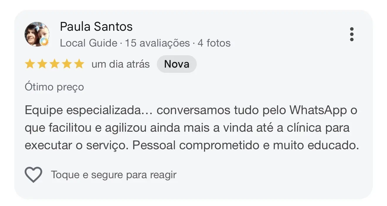 Avaliação de cinco estrelas publicada por Paula Santos no Google