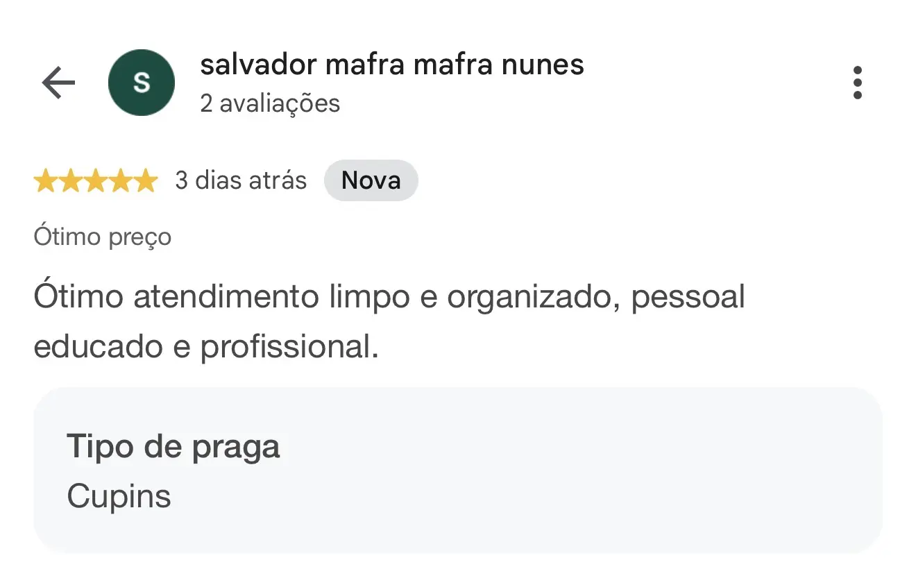 Avaliação de cinco estrelas publicada por Salvador Mafra no Google